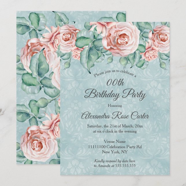 Elegant Pink rose blue floral Birthday Party Invitation (Front/Back)