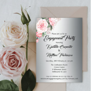 Elegant Pink Rose Bouquet on Silver Engagement Invitation