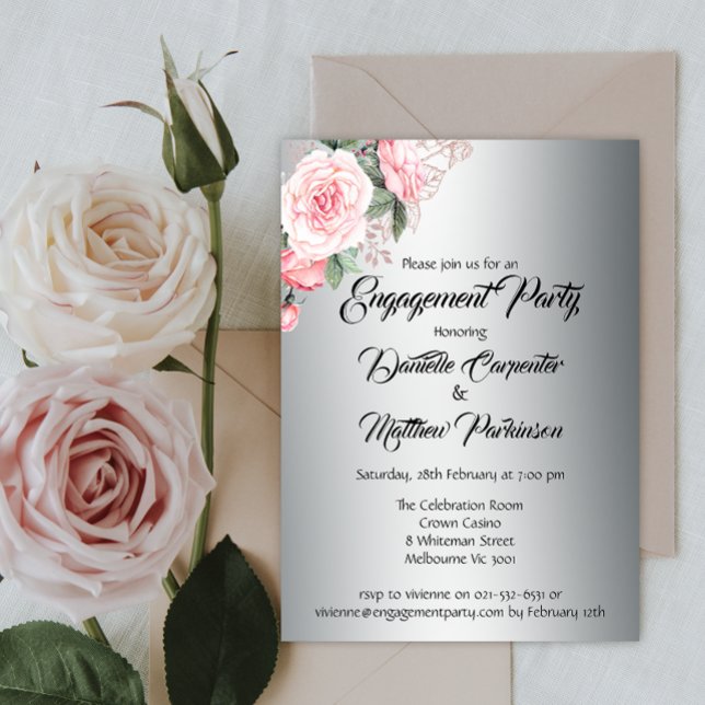 Elegant Pink Rose Bouquet on Silver Engagement Invitation (Creator Uploaded)