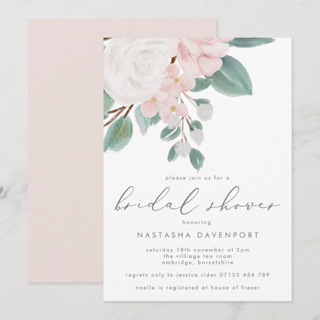 Elegant Pink Rose Bridal Shower Invitation (Front/Back)