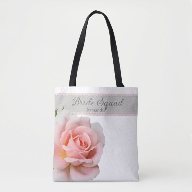 Elegant Pink Rose Bride Squad Wedding Tote Bag (Front)
