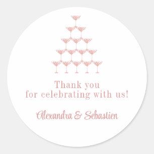 Elegant Pink Rose Champagne Tower Script Wedding Classic Round Sticker