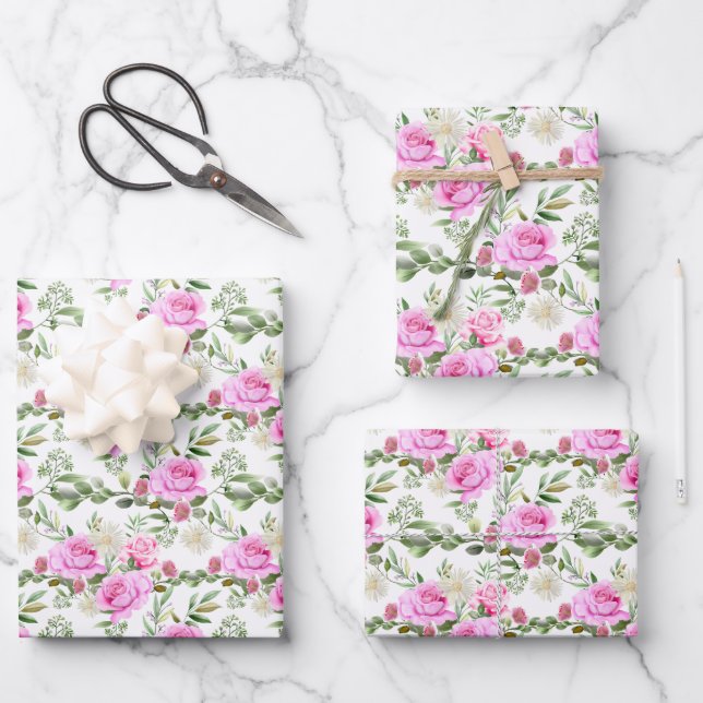 elegant pink rose daisy Wedding tiled Wrapping Paper Sheet (Front)