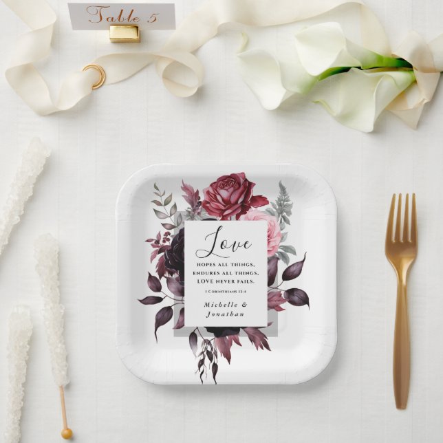 Elegant Pink Rose Dark Grey Leaves Bible Wedding Paper Plate (Wedding)