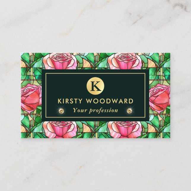 Elegant Pink  Rose Faux Stained Glass Pattern Business Card (Front)