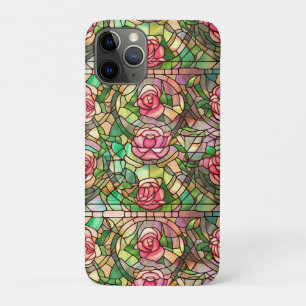 Elegant Pink Rose Faux Stained Glass Pattern iPhone 11 Pro Case