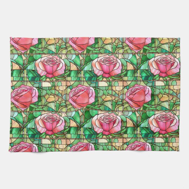 Elegant Pink Rose Faux Stained Glass Pattern Tea Towel (Horizontal)