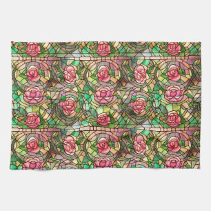 Elegant Pink Rose Faux Stained Glass Pattern Tea Towel