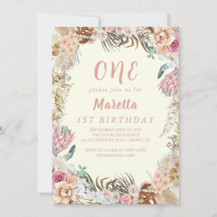 Elegant Pink Rose First Birthday Party  Invitation