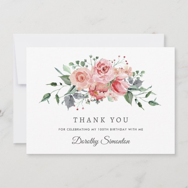 Elegant Pink Rose Floral 100th Birthday Flat Thank You Card (Front)