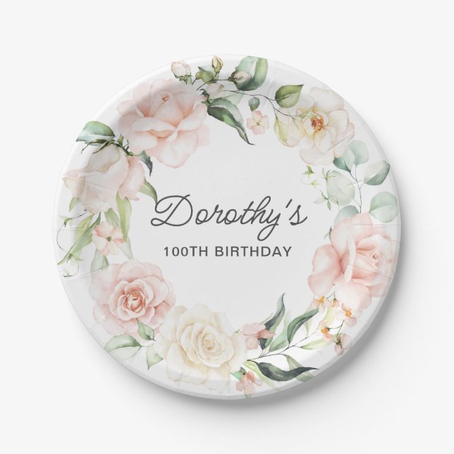 Elegant Pink Rose Floral 100TH Birthday Paper Plate (Front)