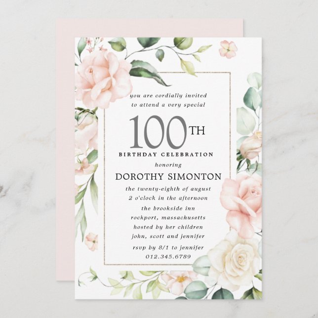 Elegant Pink Rose Floral 100th Birthday Party Invitation (Front/Back)