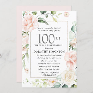 Elegant Pink Rose Floral 100th Birthday Party Invitation