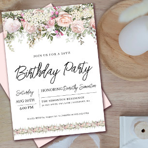 Elegant Pink Rose Floral 30th Birthday Invitation