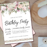 Elegant Pink Rose Floral 60th Birthday Invitation<br><div class="desc">Honour a special woman with this elegant and feminine birthday party invitation. The birthday celebration details are surrounded top and bottom pink floral borders. The floral elements are nestled in sage green leaves. and text give it a contemporary vibe. This item is part of the 60th Birthday Pink Rose Floral...</div>