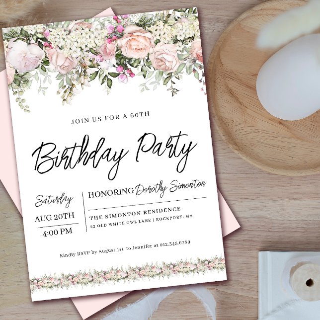 Elegant Pink Rose Floral 60th Birthday Invitation (Coordinating welcome signs and party supplies available. Message me for help finding them!)