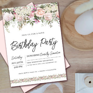 Elegant Pink Rose Floral 80th Birthday Invitation
