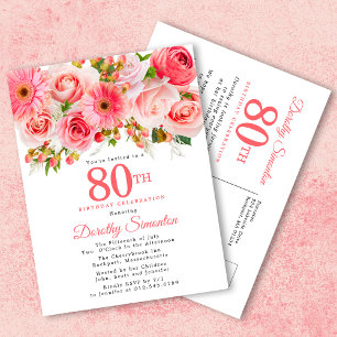 Elegant Pink Rose Floral 80th Birthday Invitation Postcard