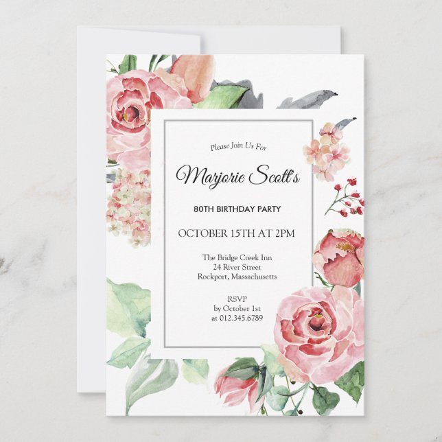 Elegant Pink Rose Floral 80th Birthday Party Invitation (Front)