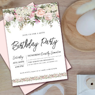 Elegant Pink Rose Floral 90th Birthday Invitation