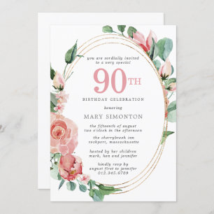Elegant Pink Rose Floral 90th Birthday Party Invitation