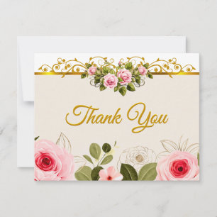 Elegant Pink Rose Floral and Gold "Thank You" Card