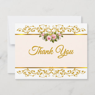 Elegant Pink Rose Floral and Gold "Thank You" Card