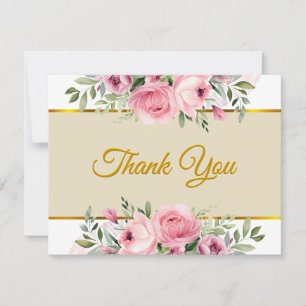 Elegant Pink Rose Floral and Gold "Thank You" Card