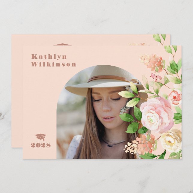 Elegant Pink Rose Floral Arch Photo Graduation Announcement (Front/Back)