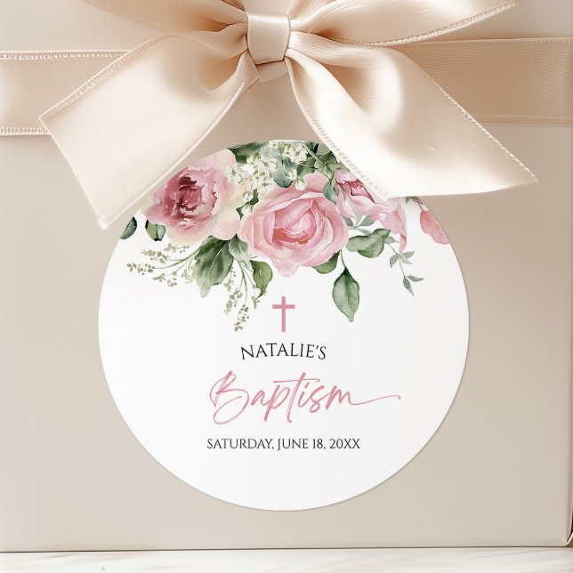 Elegant Pink Rose Floral Baptism Classic Round Sticker (Creator Uploaded)