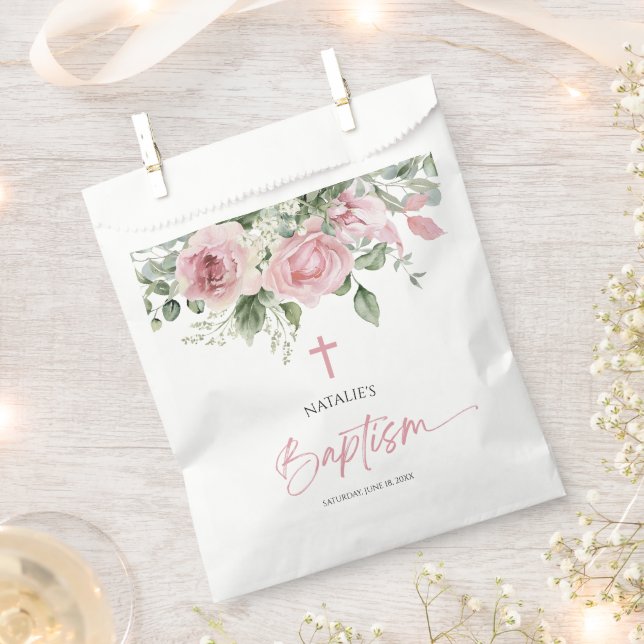 Elegant Pink Rose Floral Baptism Favour Bag (Clipped)