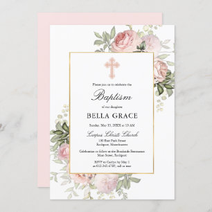 Elegant Pink Rose Floral Baptism Invitation