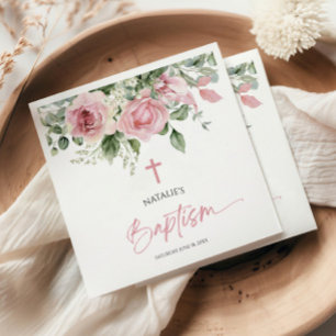 Elegant Pink Rose Floral Baptism Napkin