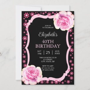 Elegant Pink Rose Floral Black 40th Birthday  Invitation