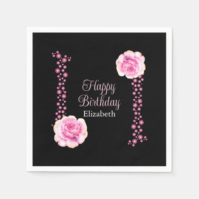 Elegant Pink Rose Floral Black Address Napkin (Front)