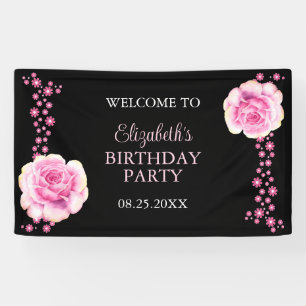 Elegant Pink Rose Floral Black Birthday Welcome Banner