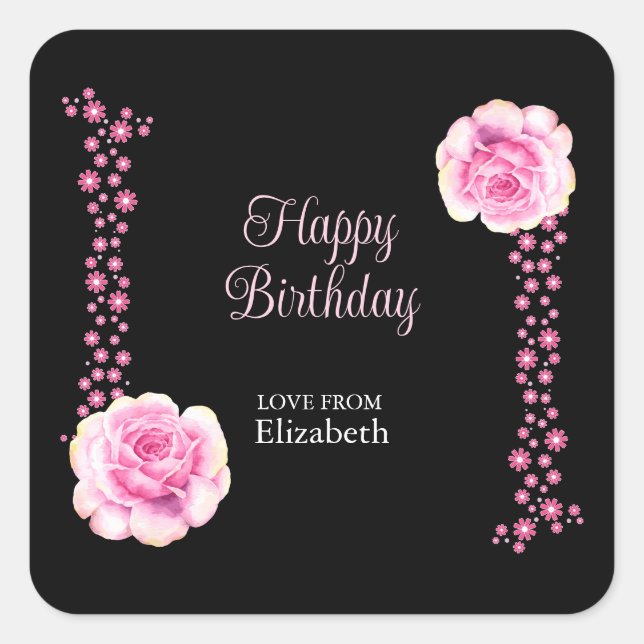 Elegant Pink Rose Floral Black Happy Birthday Square Sticker (Front)