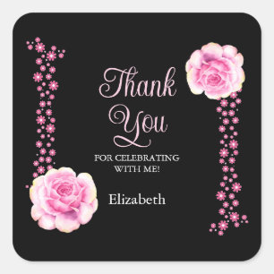 Elegant Pink Rose Floral Black Thank You Square Sticker