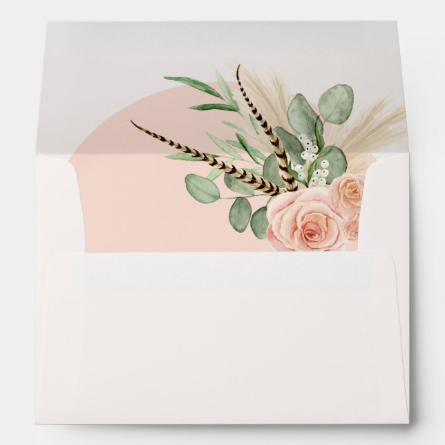 Elegant Pink Rose Floral Boho Feather  Envelope (Back (Bottom))