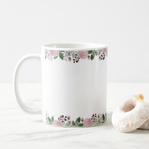 Elegant Pink Rose Floral Border White Ceramic Mug