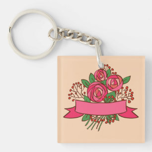 Elegant Pink Rose Floral Bouquet Key Ring