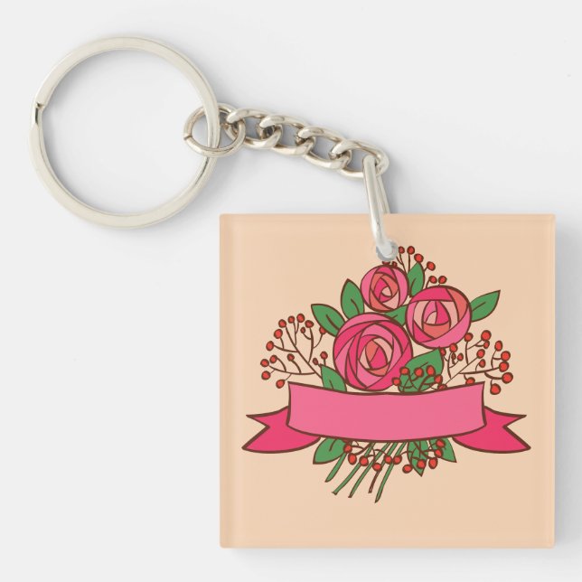 Elegant Pink Rose Floral Bouquet Key Ring (Front)