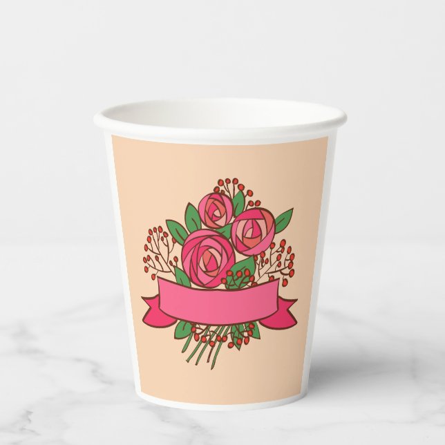Elegant Pink Rose Floral Bouquet Paper Cups (Front)