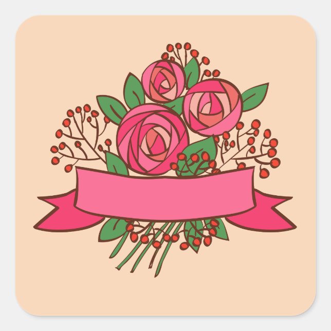 Elegant Pink Rose Floral Bouquet Square Sticker (Front)