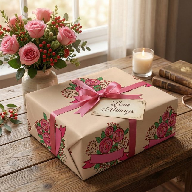 Elegant Pink Rose Floral Bouquet Wrapping Paper (Creator Uploaded)