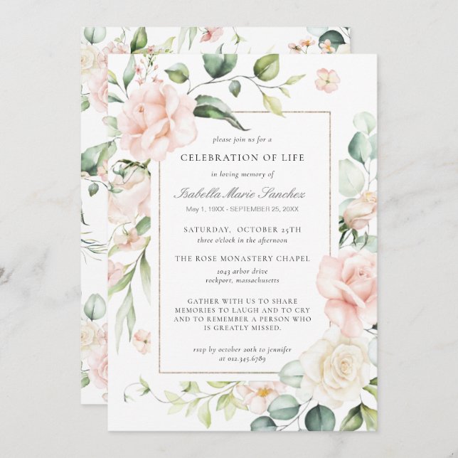Elegant Pink Rose Floral Celebration of Life Invitation (Front/Back)
