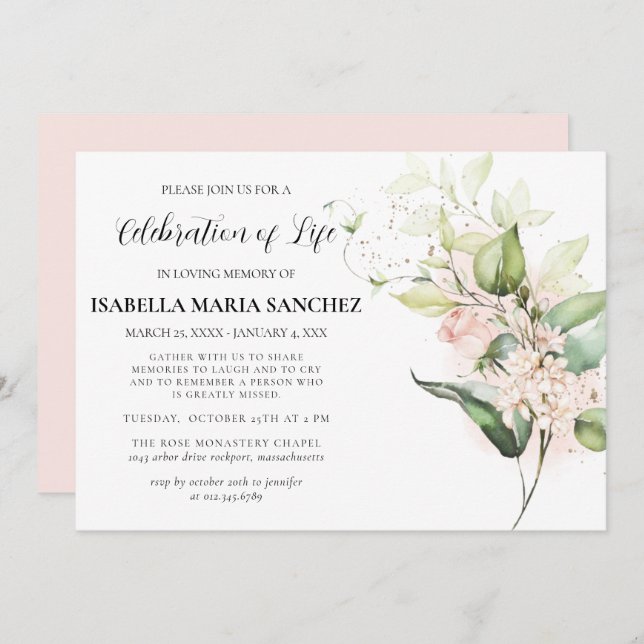 Elegant Pink Rose Floral Celebration of Life Invitation (Front/Back)