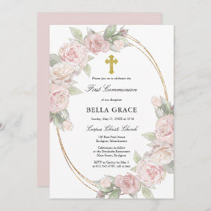 Elegant Pink Rose Floral First Communion Invitatio Invitation