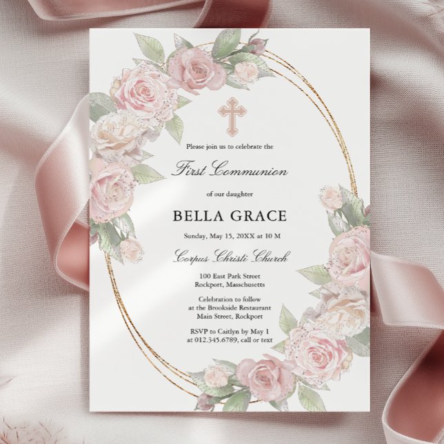 Elegant Pink Rose Floral First Communion Invitation (Creator Uploaded)
