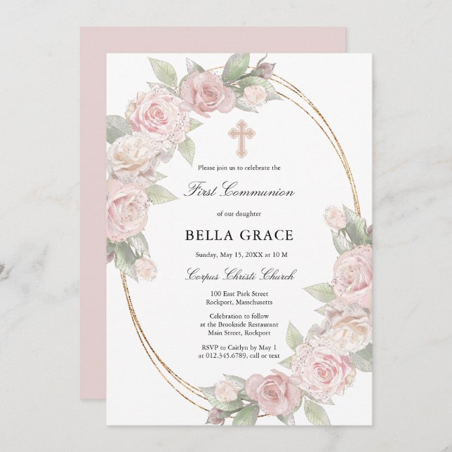 Elegant Pink Rose Floral First Communion Invitation (Front/Back)